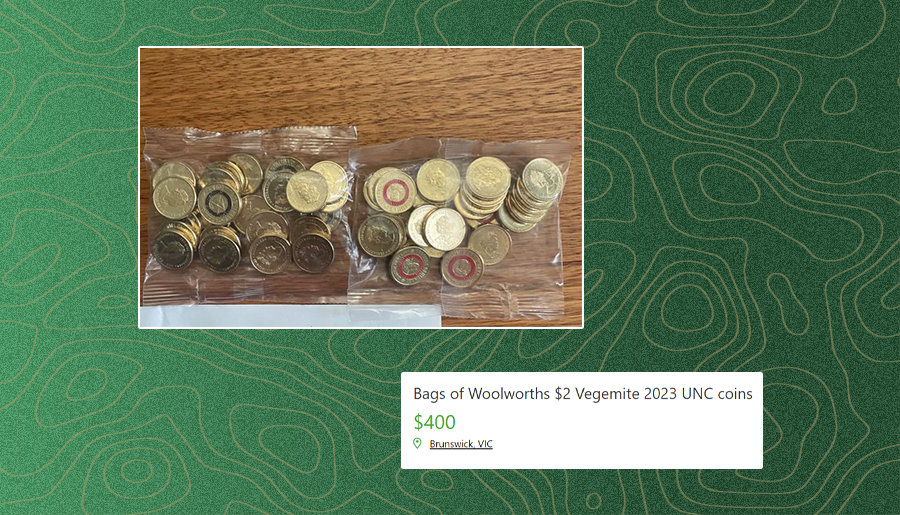 Two bags on Woolworths Vegemite coins on Gumtree